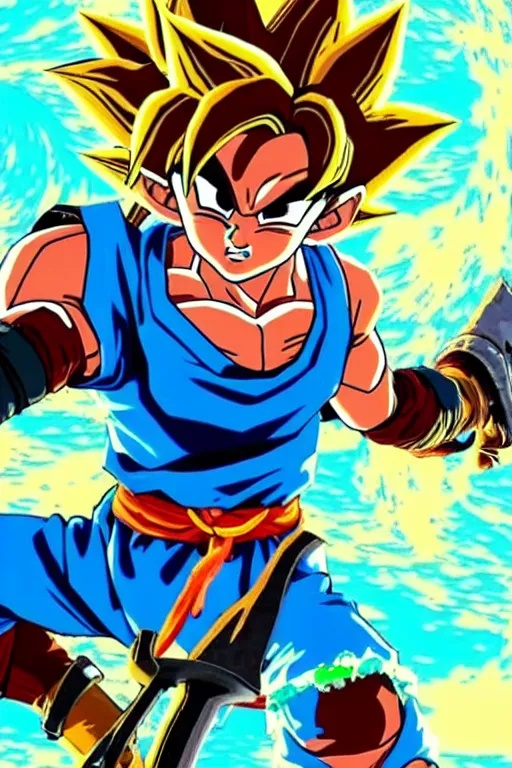 Image similar to an in game portrait of goku from the legend of zelda breath of the wild, breath of the wild art style.