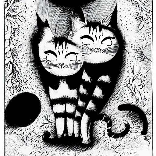 Image similar to black and white illustration creative design, two headed cat, junji ito