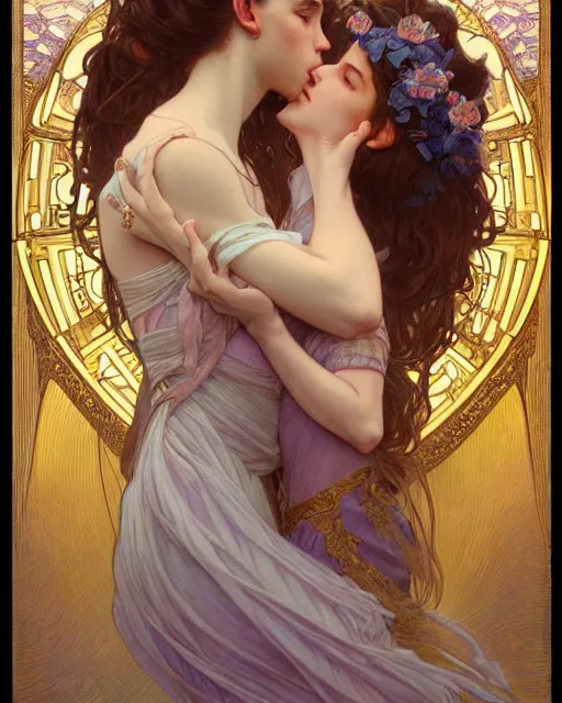 Image similar to the kiss | highly detailed | very intricate | art nouveau | gold filigree | romantic storybook fantasy | soft cinematic lighting | award - winning | painted by mandy jurgens and alphonse mucha and alena aenami | pastel color palette | featured on artstation