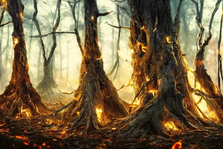 Prompt: the dead trees waited to be ignited by the smallest spark and seek their revenge. photo - realistic hd, hyperrealism, colourful, highly detailed, cinematic, luminescence, 3 2 k, dop, high contrast, intricate, mystery, epic, fantasy