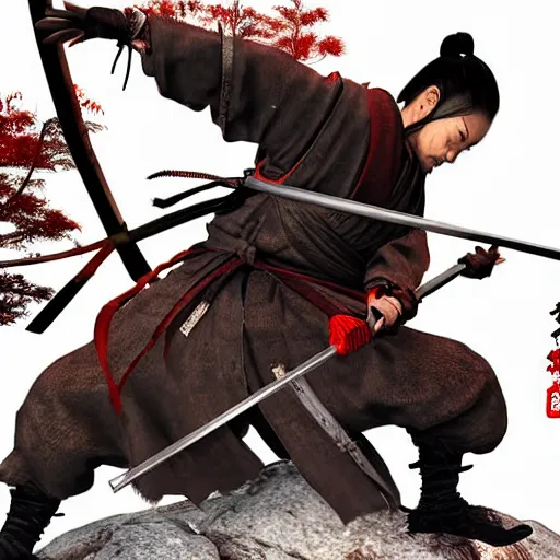 Image similar to japanese ninja boss inspired from sekiro shadows die twice near a camp fire, holding katana, evening time, digital illustration, crisp details, highly detailed art, 8k image quality, full body camera shot