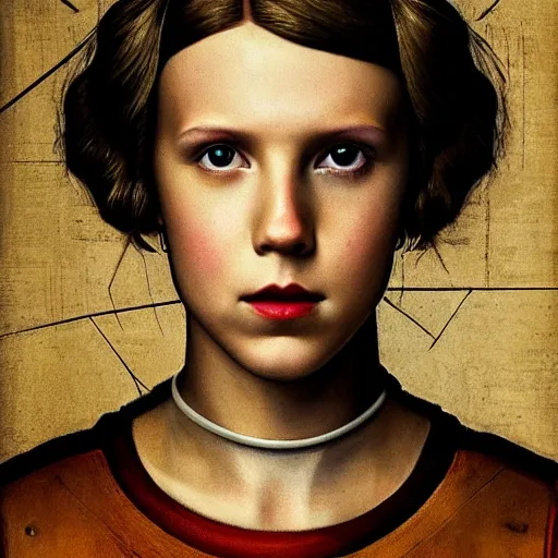 Image similar to Portrait of cyborg Millie Bobby Brown by Leonardo Da Vinci