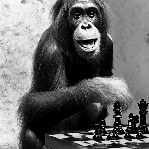 Image similar to black and white portrait photo of an orangutang eating a chess piece,