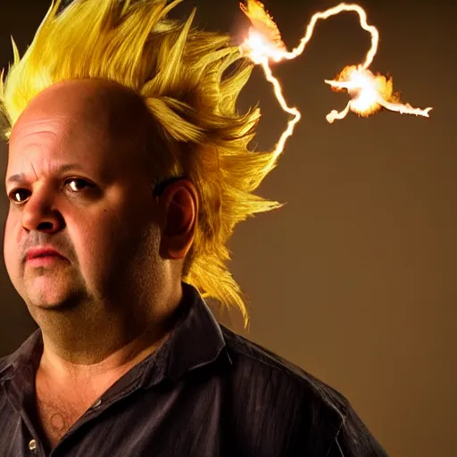 Image similar to uhd candid photo of jason alexander as a super sayian, glowing, global illumination, studio lighting, radiant light, detailed, correct face, elaborate intricate costume. photo by annie leibowitz