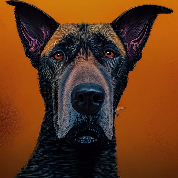 Prompt: portrait of belgian malinois. infected with zombie fungus. intricate abstract. intricate artwork. by Tooth Wu, wlop, beeple, dan mumford. octane render, trending on artstation, greg rutkowski, very coherent symmetrical artwork. cinematic, hyper realism, high detail, octane render, 8k, iridescent accents, deep blacks