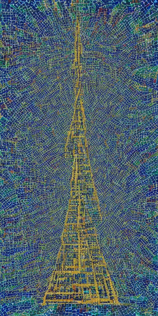 Image similar to a skyscrapper in a field with a sky background, a mosaic by jeffrey smith, behance contest winner, generative art, circuitry, fractalism, behance hd