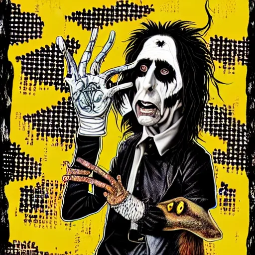 Image similar to graphic illustration, creative design, alice cooper as a goat, biopunk, francis bacon, highly detailed, hunter s thompson, mixed media