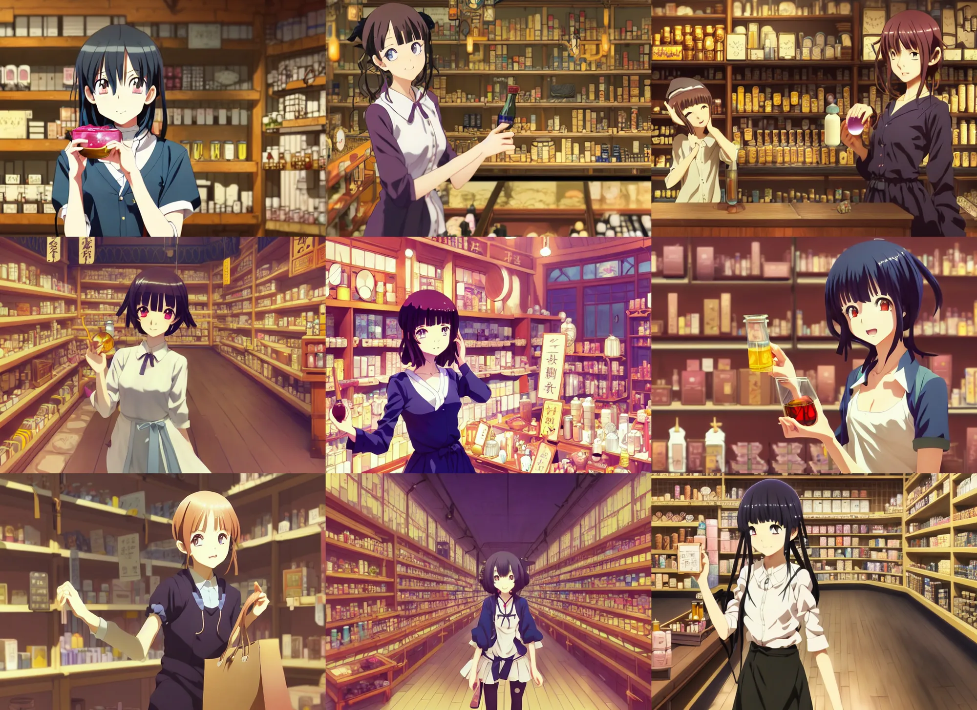 Prompt: anime visual, portrait of a happy young female traveler shopping in a alchemist's potion shop interior, dramatic, cute face by ilya kuvshinov, yoh yoshinari, makoto shinkai, katsura masakazu, dynamic pose, dynamic perspective, cel shaded!!!, anime still frames, mucha, crisp smooth lines, rounded eyes