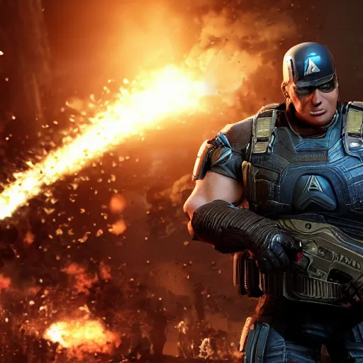 Image similar to Donald Trump as ((captain america)) in Gears of War, patriotic, splash art, movie still, cinematic lighting, dramatic, octane render, long lens, shallow depth of field, bokeh, anamorphic lens flare, 8k, hyper detailed, 35mm film grain