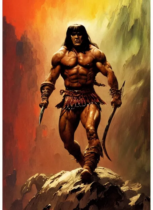 Prompt: in the style of frank frazetta, a highly detailed matte portrait painting of conan the barbarian, standing on a mountain holding a sword, by ashley wood, dynamic berserk pose, eerie magazine cover, red orange brown colors, impressionism, palette knife and brush strokes, photorealistic, detailed, intricate, 4 k, focused, extreme details, masterpiece