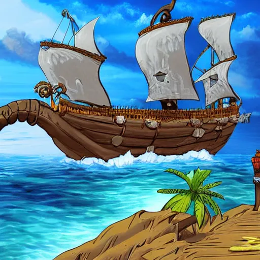 Prompt: a pirate ship near a skull shaped island, by Bill Tiller, monkey island game, game concept art, colorful