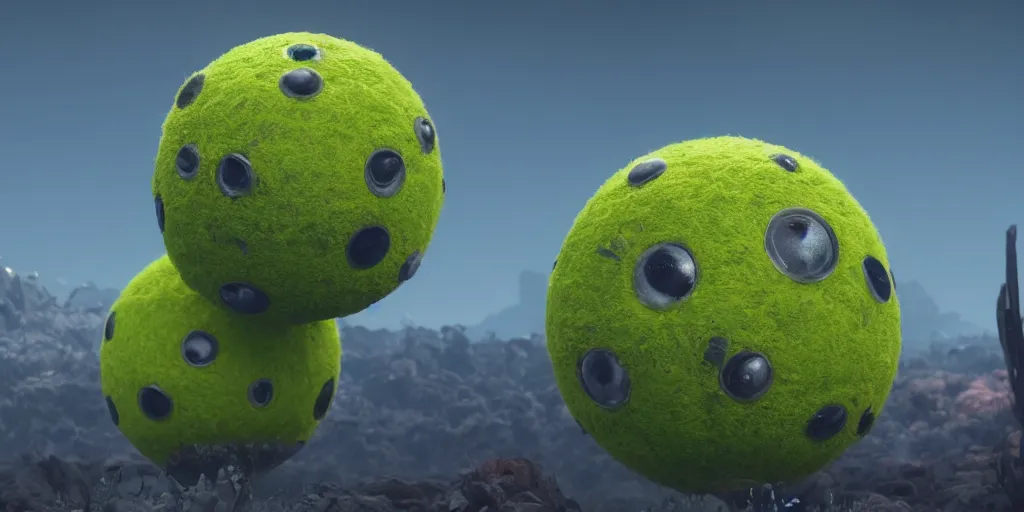 Prompt: a cinematic poster photo of 8 k ultra realistic tennis ball monsters, exotic, cinematic lighting, trending on artstation, 4 k, hyperrealistic, focused, high details, unreal engine 5, cinematic, alien planet atmosphere in background