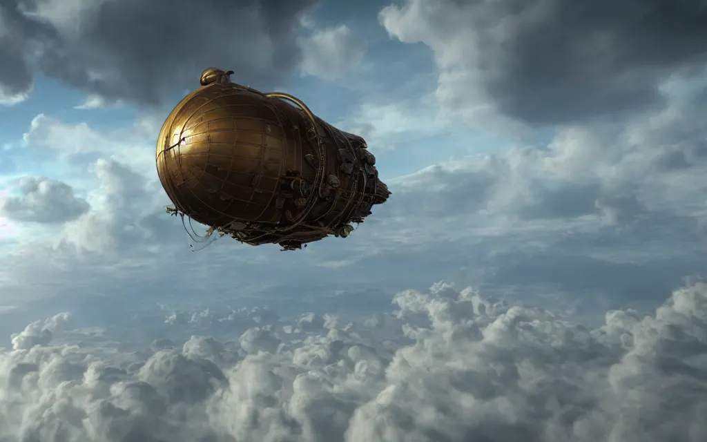 Image similar to steampunk dirigible floating between swirling clouds. photorealistic. 8 k, unreal engine. haze. rococo style