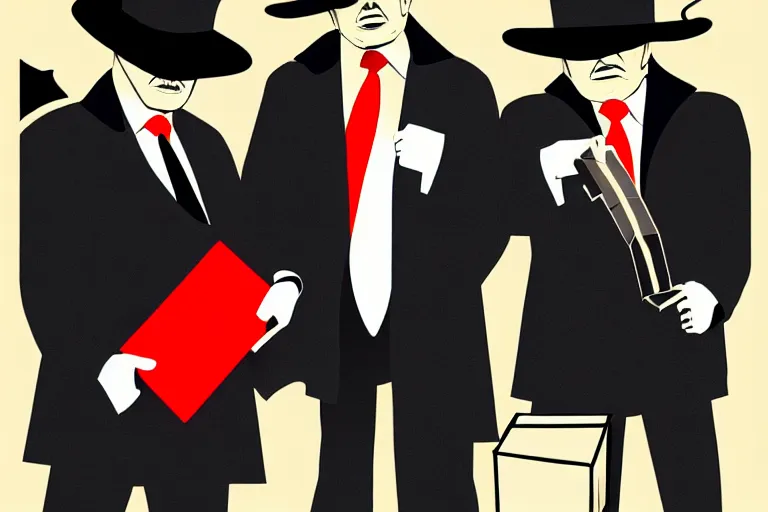 Image similar to poster matte shaded illustration of two donald trump and donald trump wearing trench coats and big black spy hats carrying boxes starring in spy vs spy