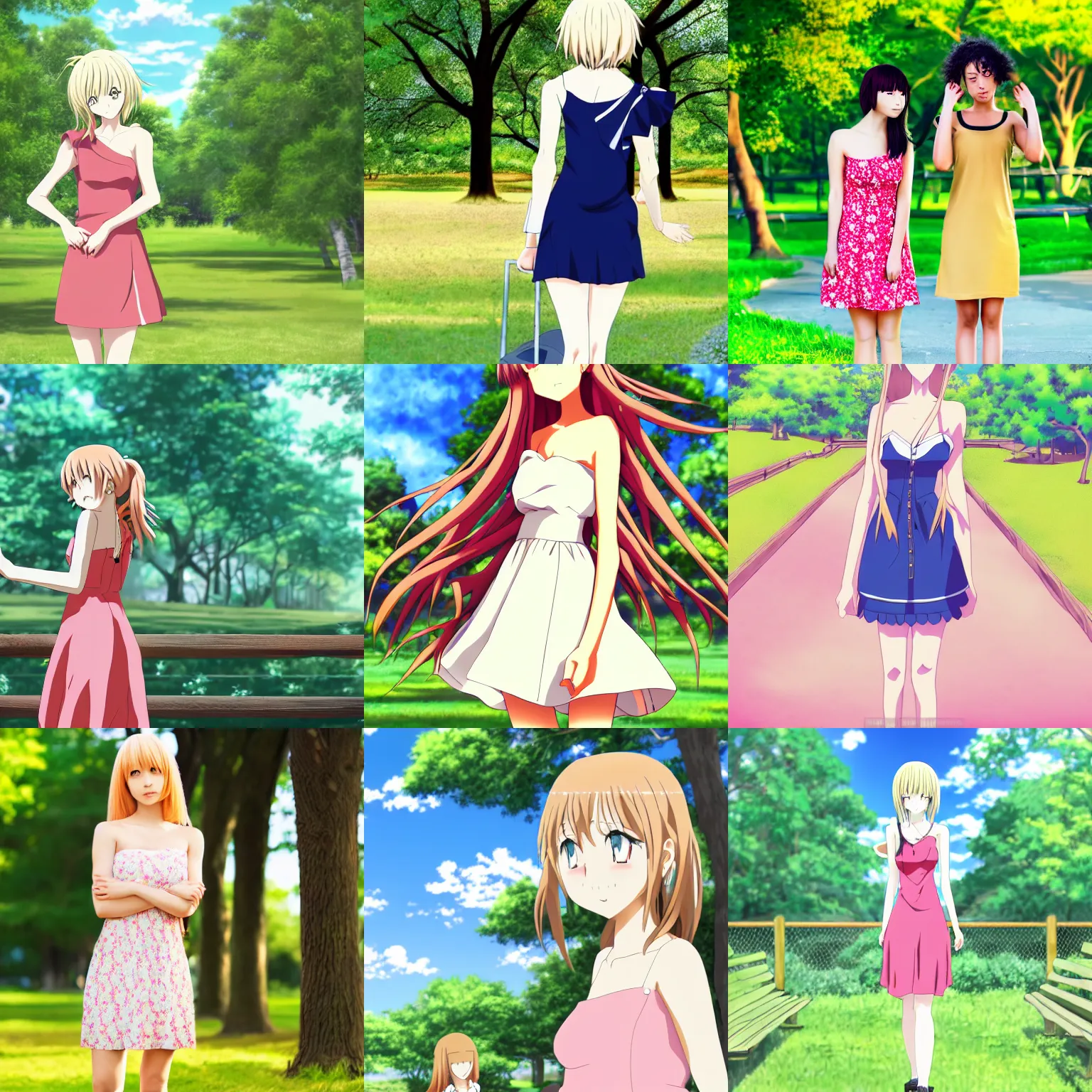 Prompt: high quality anime-style image of woman standing in a park, the woman is wearing a summer dress and has shoulder-length curly blonde hair, HD