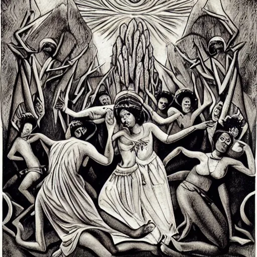Prompt: a satanic ritual intervening by Ayahuasca Mother, very detailed, Harlem Renaissance style, award-winning