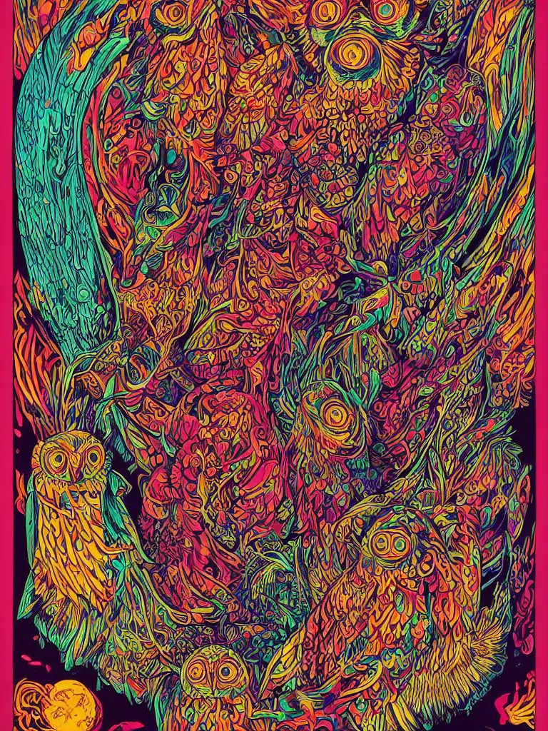 Image similar to beautiful colorful hyperrealist highly detailed psychedelic music poster'the electric owls live at the fillmore ', symmetrical full body, beautiful high contrast woodcut, moebius and charles burns comic style, shocking detail trending on artstation 8 k