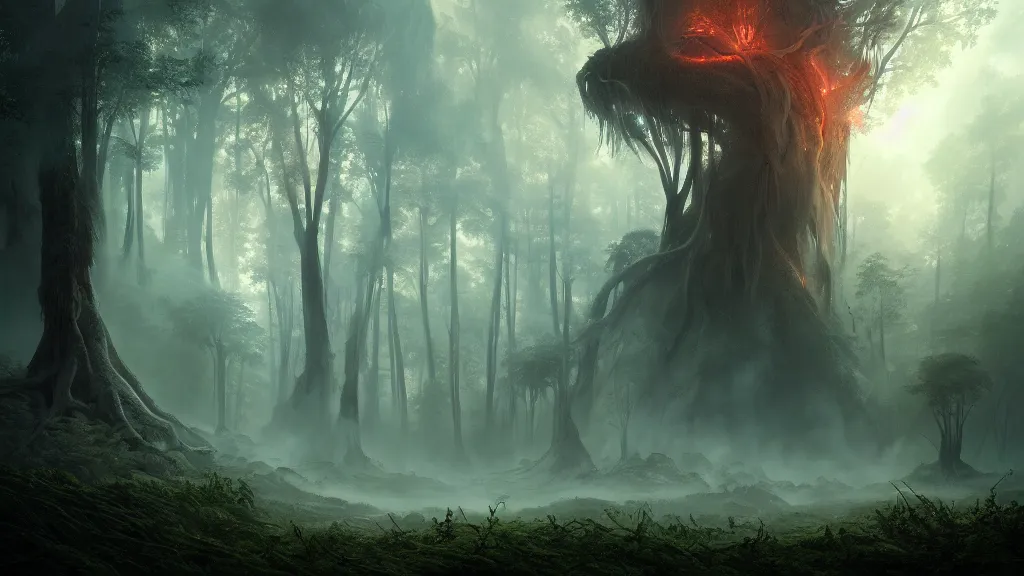 Prompt: A beautiful cinematic digital artwork of an entrails smoke monster coming out of a mystical glowing forest tree line, by Raphael Lacoste and Andreas Rocha, trending on artstation, intricate detail, cgsociety. #filmic, atmospheric, luminous, PBR.