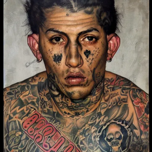 Prompt: A Frontal portrait of a heavily tattooed MS-13 gang member as a prisoner awaiting sentancing. A painting by Norman Rockwell.