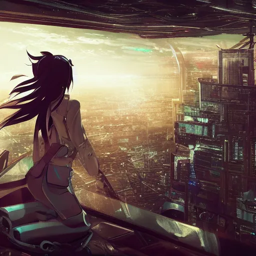 Image similar to android mechanical cyborg anime girl overlooking overcrowded urban dystopia. long flowing hair. gigantic future city. pitch black night. raining. makoto shinkai. wide angle. distant shot. dark and dreary.