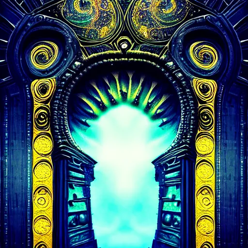 Image similar to majestic portal to another dimension, turbulent image of different time space, filigree details, divine lights, ethereal, sci fi, high detail, intricate, giger and klimt, photo realistic, 8 k