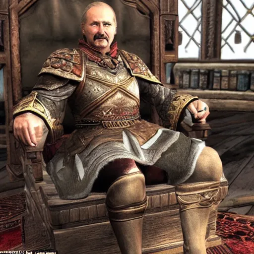 Prompt: Alexander Lukashenko as a Jarl in The Elder Scrolls V: Skyrim sitting on his throne in a relaxed rude pose