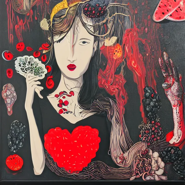 Prompt: apartment with black walls, portrait of a woman holding a heart and brain, watermelon, berries dripping juice, pomegranate, sensual, seaweed, berries, octopus, scientific glassware, neo - expressionism, surrealism, acrylic and spray paint and oilstick on canvas