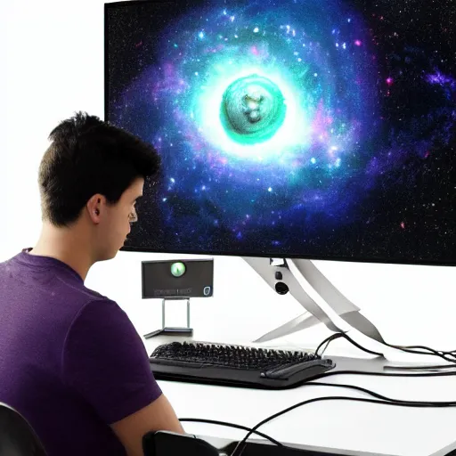 Image similar to a young mage creating a universe in his PC, a male mage in his 20s with black hair sitting in front of wide monitor, a monitor showing the universe creation. hyperrealistic, extremely detailed, award-winning art, trending on Artstation