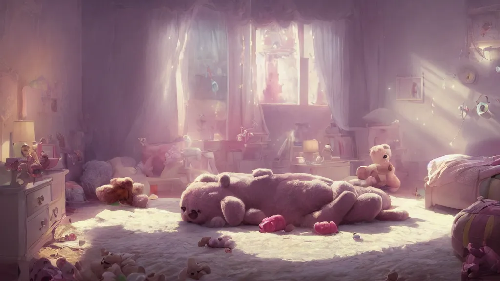 Image similar to a Photorealistic hyperrealistic render of an interior of a beautifully decorated spoiled child's beautiful bedroom with a giant teddy bear sitting on the floor by PIXAR,Greg Rutkowski,WLOP,Artgerm,dramatic moody sunset lighting,long shadows,Volumetric, cinematic atmosphere, Octane Render,Artstation,8k