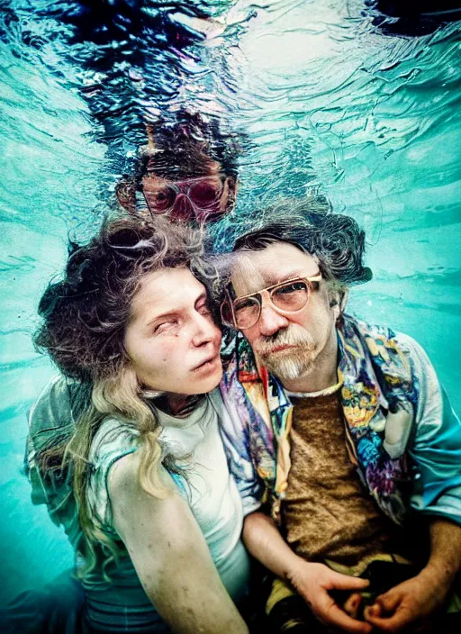 Prompt: detailed colourful masterpiece of photography by anne leibovitz couple portrait sat down extreme closeup, love, inside an underwater train, detailed realistic expressions, wearing unusual clothes, by mcbess, ultra wide angle