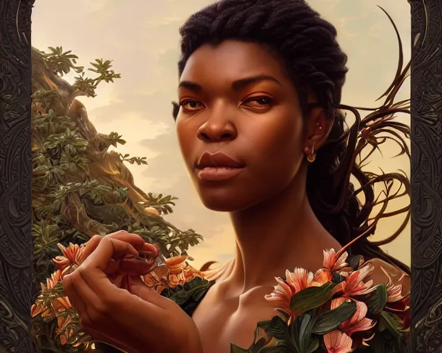 Image similar to photography of kehinde wiley, deep focus, d & d, fantasy, intricate, elegant, highly detailed, digital painting, artstation, concept art, matte, sharp focus, illustration, hearthstone, art by artgerm and greg rutkowski and alphonse mucha