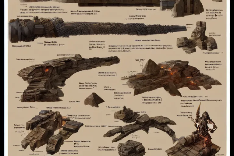 Image similar to schematic diagram of axes, dwarven, materials, built, book, page, detailed, cross section, trending on artstation, cgsociety, Ralph McQuarrie and Greg Rutkowski