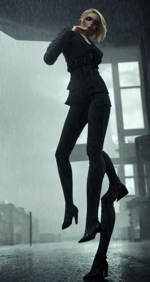 Prompt: beautiful model annie leonhart running on high heels with open toe in dunwall city, beautiful face, detailed face, cinematic lighting, rainy weather, melancholy atmosphere, volumetric light, octane render, dishonored 1, gothic architecture, realistic reflections, octane render 8 k, model agency