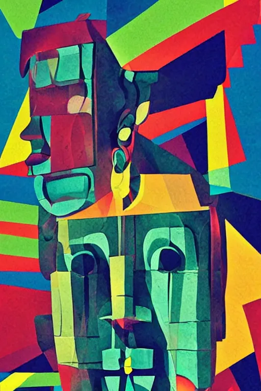 Image similar to cubist moai statue cutout digital illustration cartoon colorful beeple