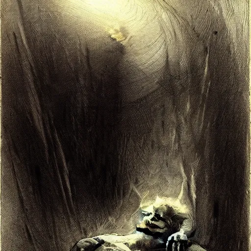 Image similar to the fire in my core heats my heart to the breaking point, twixt horror and despair my lungs catch, but cannot sate. The mind from direction fails, and cannot help but confuse my gait. dark concept art, by Greg Rutkowski, Gustav Dore, and Edvard Munch.