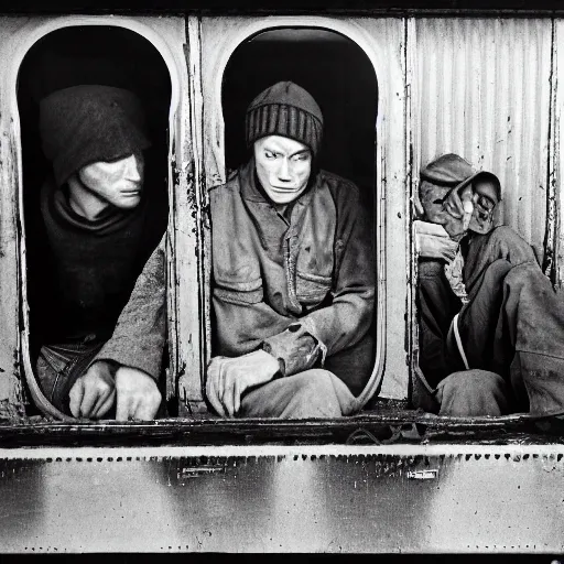 Image similar to Award winning Dorothea Lange photo, 1934, Great Depression. Three hobos sitting in a train car with an open door, looking at the camera. They look serious and tired. Americana, vintage, Pulitzer Prize.