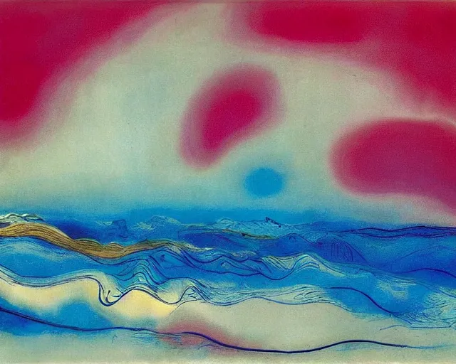 Image similar to Ocean waves in a psychedelic dream world. DMT. Curving rivers. Zao Wou-ki. Yves Tanguy.