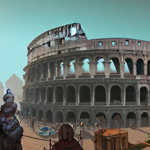 Image similar to busy d & d city with a colosseum in the distance, first person street view, artstation