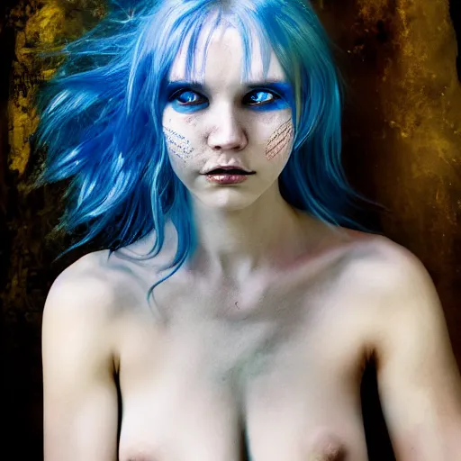 Prompt: dragon girl, portrait of young girl half dragon half human, dragon girl, dragon skin, dragon eyes, dragon crown, blue hair, long hair, highly detailed, cinematic lighting, by Lars Von Trier