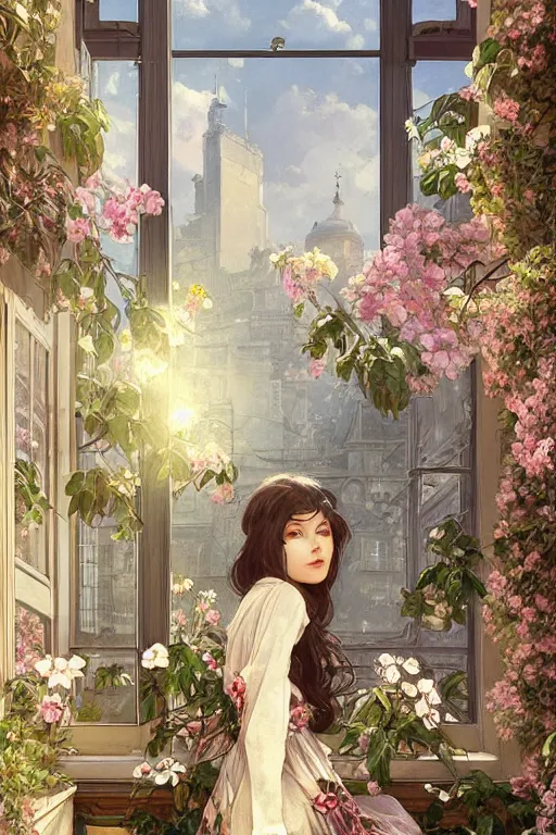 Prompt: ultra realistic illustration, old vintage card in city with flowers blossoming out the window, elegant, highly detailed, digital painting, concept art, smooth, sharp focus, illustration, art by artgerm and greg rutkowski and alphonse mucha