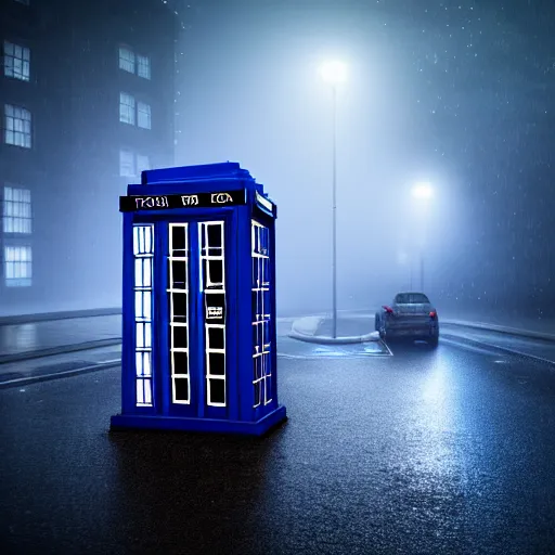 Image similar to a hyperdetailed photograph of the tardis sat on a futuristic street corner, night, dense fog, rain, hd, 8 k resolution