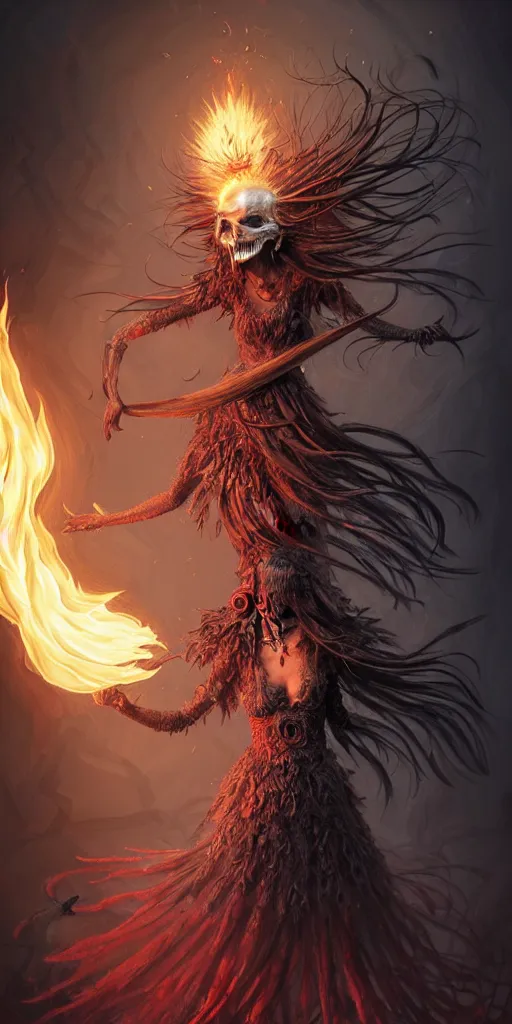 Prompt: full body shot, malevolent witch facing front laughing maniacally, smoke hair, crow helmet, floral dress, dead forest on fire, fantasy, intricate, photorealistic, elegant, stylish, highly detailed, digital painting, artstation, concept art, smooth, sharp focus, illustration, art by artgerm and greg rutkowski and terese nielsen