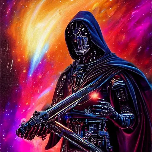 Prompt: Epic dark gritty space scene painting featuring the iridescent cloaked hooded warrior partially cybernetic entity god of future technology wielding cosmic weaponry, ornate galactic gold, intricate, ornate, gothic, colorful, vibrant, smooth, moody, ominous, dangerous aura, microchips, crystallic, iridescent, lasers, gems, multicolored glints, precious elements, beautiful, detailed, concept art, render, unreal engine, 4K, artstation