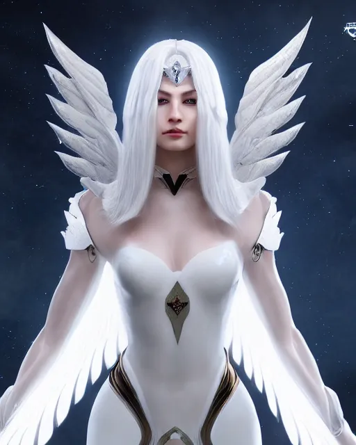 Image similar to perfect white haired egyptian goddess wearing white dove wings, warframe armor, regal, attractive, ornate, sultry, beautiful, ice queen, half asian, pretty face, blue eyes, detailed, scifi platform, 4 k, ultra realistic, volumetric lighting, illuminated, cinematic, masterpiece, art by akihito tsukushi, voidstar