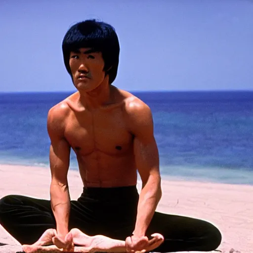 Prompt: bruce lee, meditating on beach, 4 k high definition