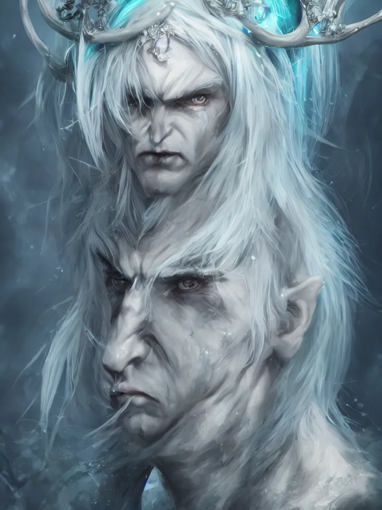 Image similar to the frightening archfey called'the prince of frost ', full - body portrait, fantasy, white hair, blue skin, wild eyebrows, young adult, elf, crown, hard edges, soft lighting, professional lighting, trending on artstation
