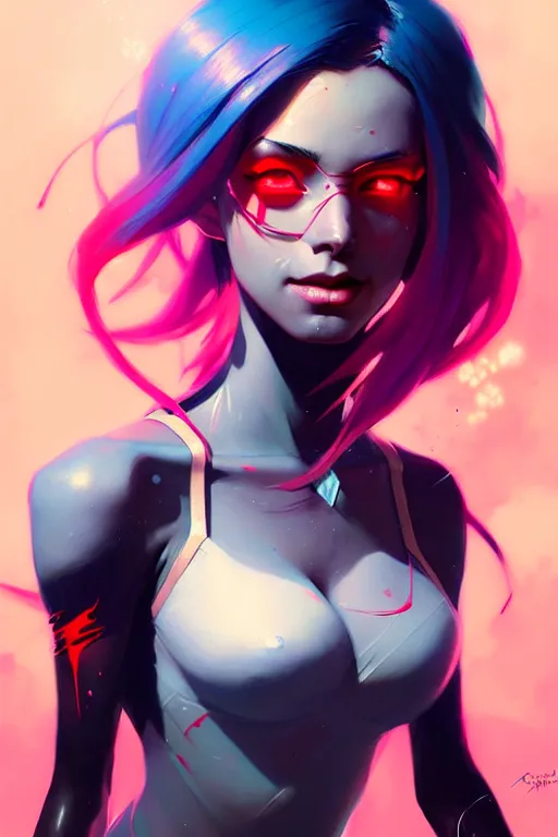 Image similar to a ultradetailed beautiful painting of jinx from arcane, by greg rutkowski, conrad roset, and ilya kuvshinov trending on artstation