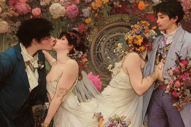 Image similar to the groom kisses the bride at a wedding full of flowers, bright and happy, dreamlike art, highly detail, 4 k realistic, wedding photoy krenz cushart. artem demura. alphonse mucha. yoji shinkawa artgerm. jon lothian. danilo torres. adi meyers. thomas reimann. gaston bussiere.