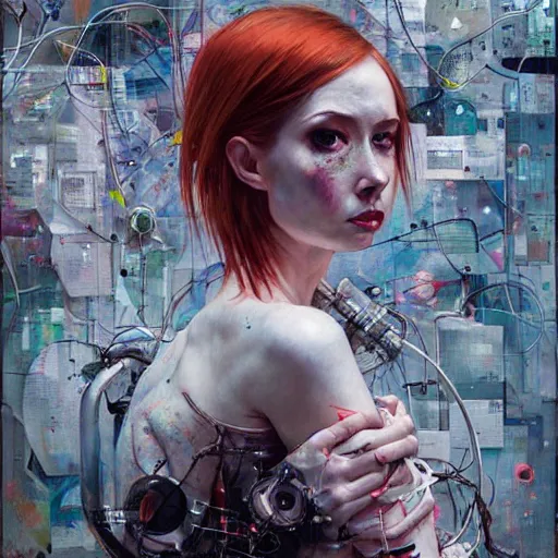 Image similar to karen gillan cyberpunk dreaming, wires cybernetic implants, in the style of adrian ghenie, esao andrews, jenny saville,, surrealism, dark art by james jean, takato yamamoto