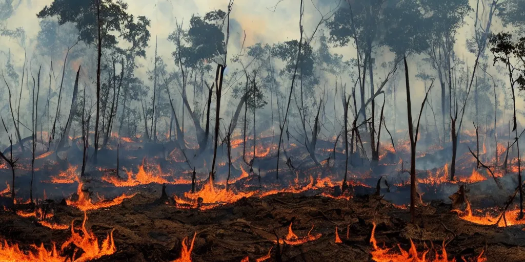Image similar to War-torn hellscape, jungle, forest fire